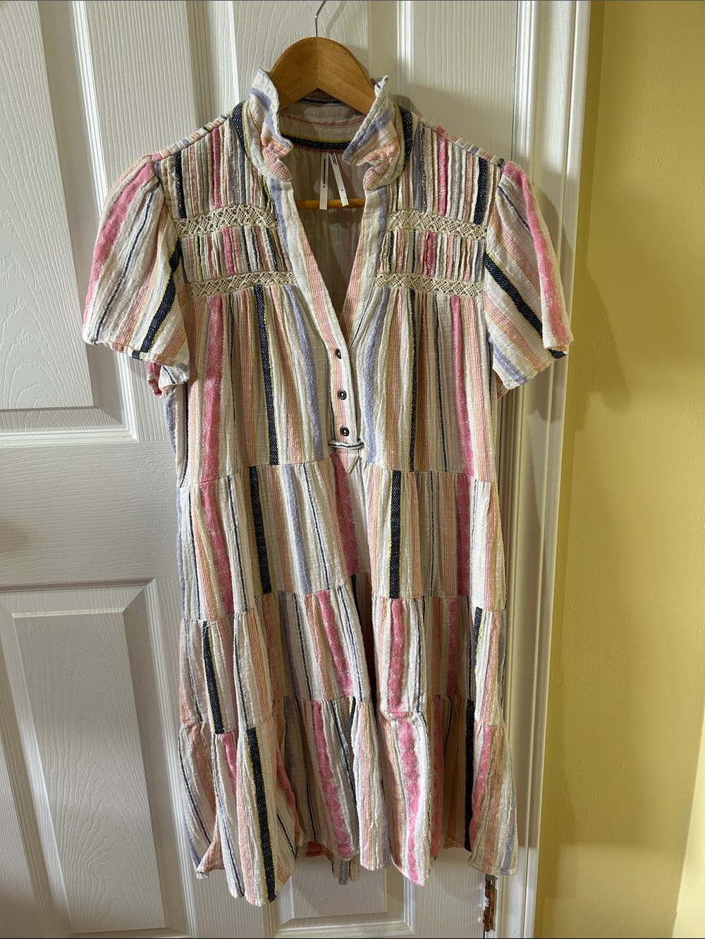 Anthropologie Striped Pink, Cream & Navy Tiered Midi Dress